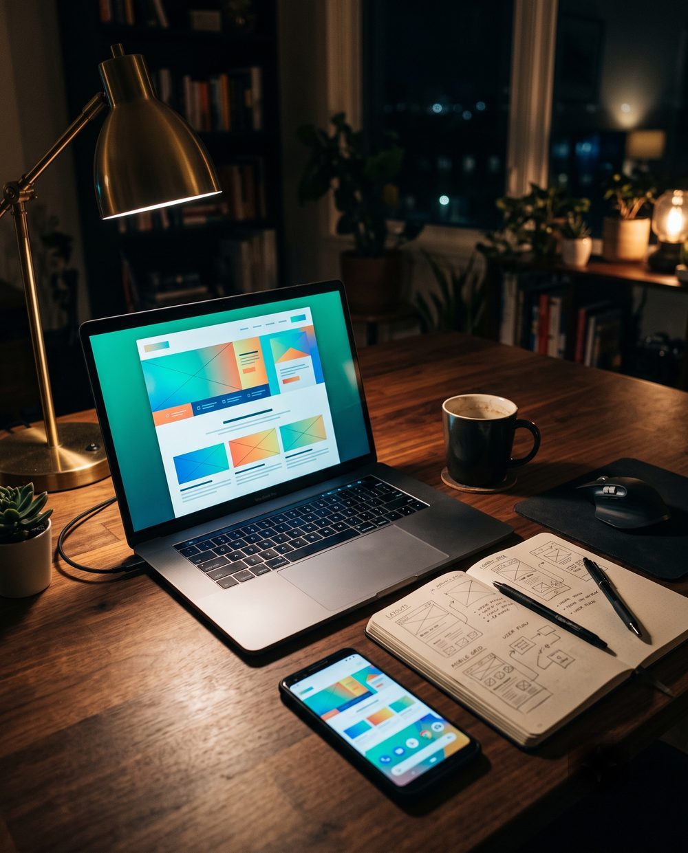 A designer's desk at night, laptop showing a colourful website layout with a phone mockup and sketchbook nearby