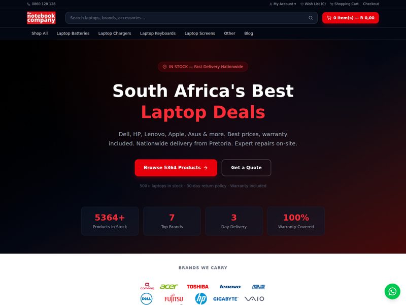 Homepage screenshot of laptopsa.co.za, an online laptop retailer